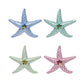 Four Herend Miniature Starfish figurines, hand painted in blue, green, yellow, and pink porcelain, are displayed in a grid on a white background.
