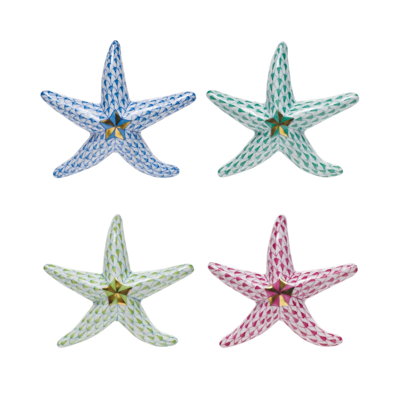 Four Herend Miniature Starfish figurines, hand painted in blue, green, yellow, and pink porcelain, are displayed in a grid on a white background.