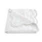 A neatly folded white sheet from the Matouk Mirasol Bedding Collection, featuring elegant light green trim and a scalloped edge, expertly crafted from luxurious 600 thread-count Egyptian cotton percale, displayed on a plain white background.
