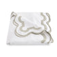 The Mirasol Bedding Collection by Matouk is shown folded on a plain white background, featuring a luxurious 600 thread count Egyptian cotton percale in white with a light gray decorative border, expertly crafted in Italy.