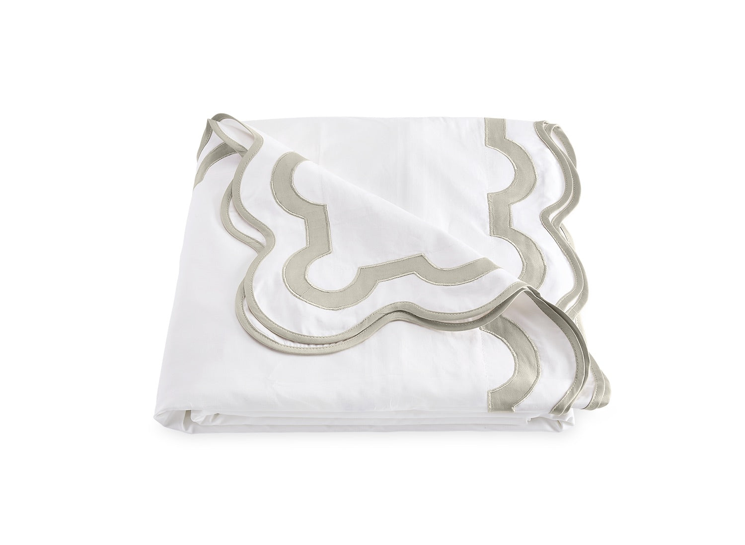 The Mirasol Bedding Collection by Matouk is shown folded on a plain white background, featuring a luxurious 600 thread count Egyptian cotton percale in white with a light gray decorative border, expertly crafted in Italy.