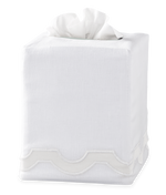The Matouk Mirasol Bone Tissue Box Cover is crafted from white linen and features a simple decorative trim at the bottom, adding an elegant touch to any space.