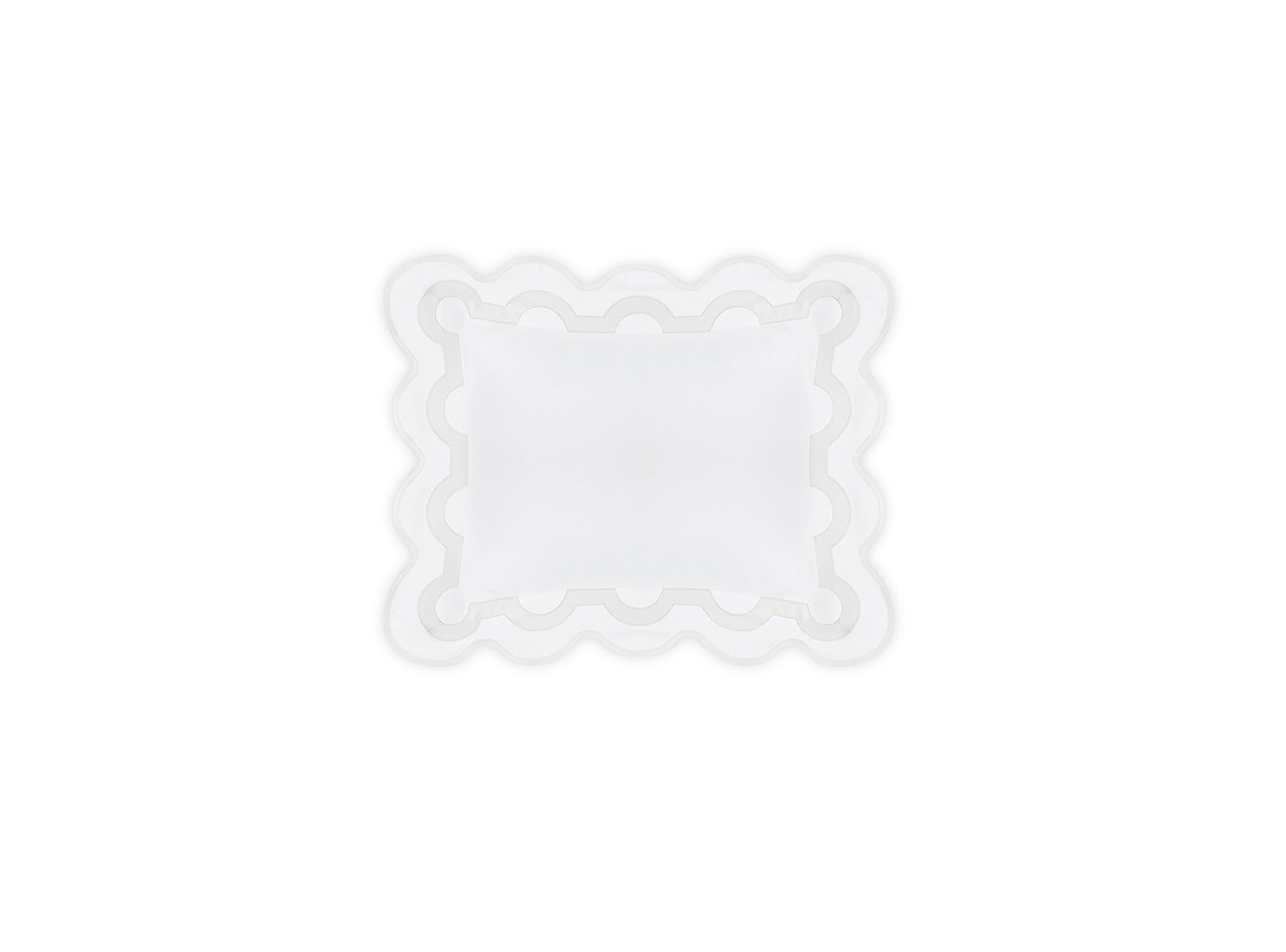 A white rectangular pillow with scalloped edges from the Mirasol Bedding Collection in Bone by Matouk, crafted from luxurious Egyptian cotton percale, is displayed on a plain white background.