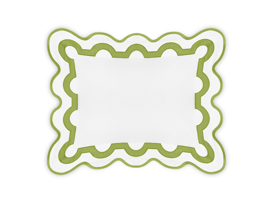 Experience the unmatched softness and durability of the Matouk Mirasol Bedding Collection, Grass—a white rectangular pillowcase with a green scalloped border on black, crafted from luxurious 600 thread count fabric.