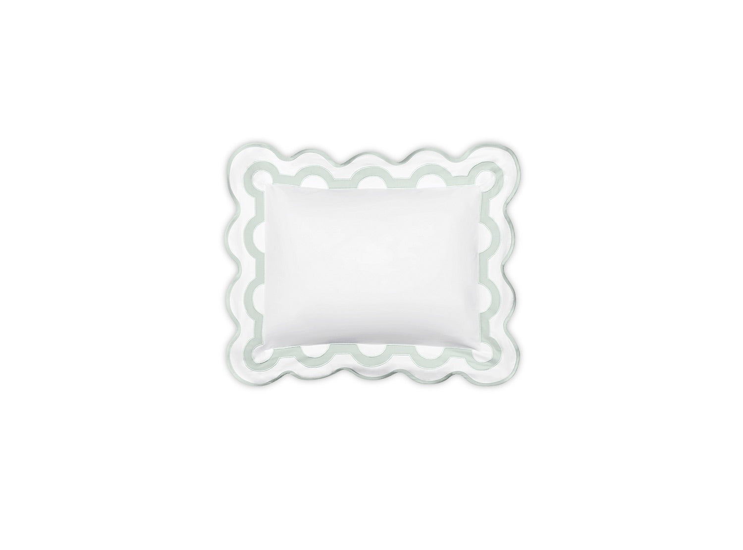The Matouk Mirasol Bedding Collection pillow in opal features a rectangular design with a light green scalloped and polka dot outline, made from luxurious Milano Egyptian cotton percale, set against a plain white background.