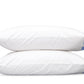 Two white pillows with blue decorative trim from the Matouk Mirasol Bedding Collection, expertly crafted from luxurious 600 thread count Egyptian cotton percale, are stacked on top of each other against a plain white background.
