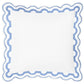 Square white pillow from the Matouk Mirasol Bedding Collection, featuring a scalloped blue border and a blue circular design pattern around the edge. Crafted in Italy from luxurious 600 thread count Egyptian cotton percale. Shown from above against a white background.