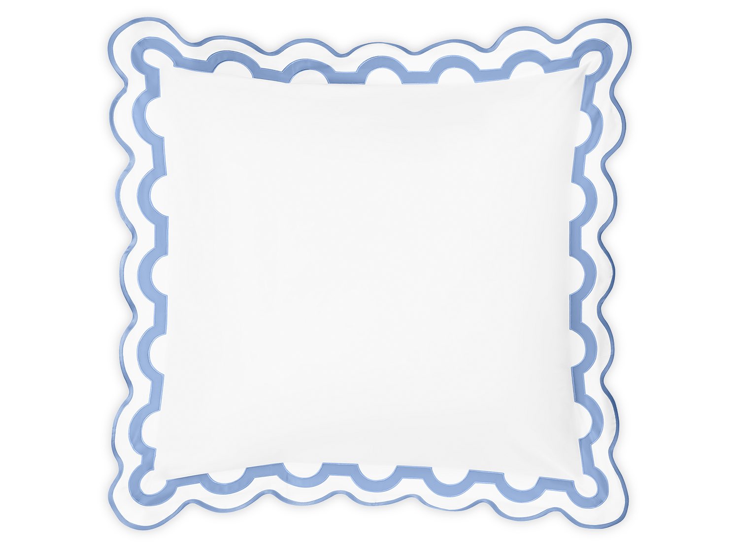 Square white pillow from the Matouk Mirasol Bedding Collection, featuring a scalloped blue border and a blue circular design pattern around the edge. Crafted in Italy from luxurious 600 thread count Egyptian cotton percale. Shown from above against a white background.