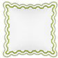 The Matouk Mirasol Bedding Collection in Grass features a square white pillow with a green scalloped edge and circular cutouts, crafted from crisp Egyptian cotton percale—an elegant touch for your 600 thread count bedding ensemble.
