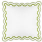 Experience the Mirasol Bedding Collection by Matouk: a square white pillow made in Italy from sumptuous 600 thread count Egyptian cotton percale, highlighted by a scalloped green border and rounded edges, shown from above on a plain background.