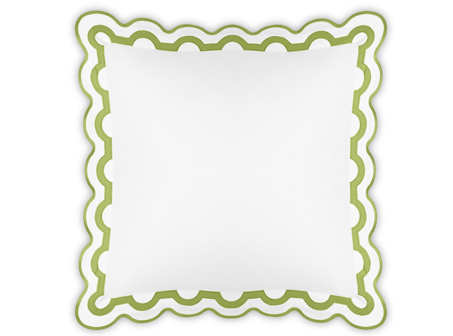 Experience the Mirasol Bedding Collection by Matouk: a square white pillow made in Italy from sumptuous 600 thread count Egyptian cotton percale, highlighted by a scalloped green border and rounded edges, shown from above on a plain background.