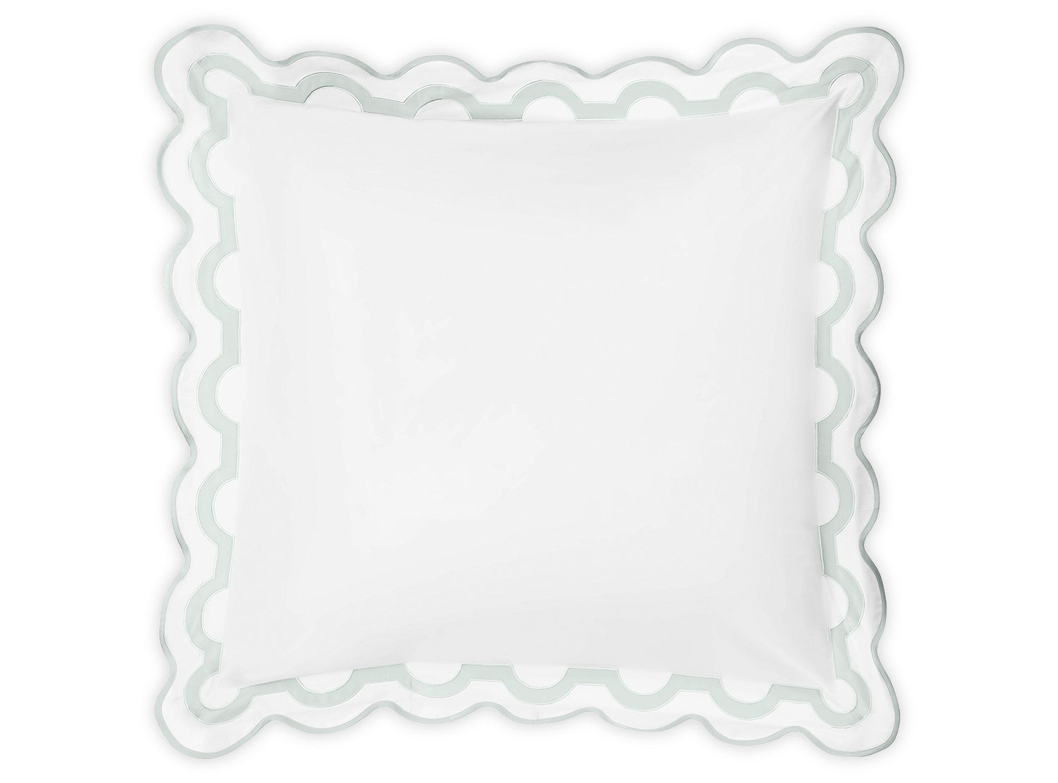 The Matouk Mirasol Bedding Collection in Opal features a square decorative pillow in light green and white with scalloped edges, crafted from luxurious Milano Egyptian cotton percale, offering a soft touch and an exquisite 600 thread count.