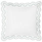 The Mirasol Bedding Collection by Matouk features a square white pillow made from luxurious 600 thread count Egyptian cotton percale, elegantly finished with a scalloped edge and a light gray or silver border. Expertly crafted in Italy, the pillow is shown from above on a plain background.