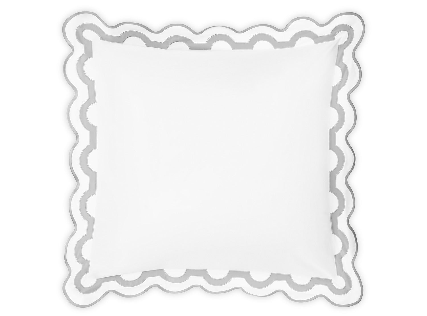 The Matouk Mirasol Bedding Collection in Silver features a white square pillow with a decorative gray scalloped border, crafted from Milano Egyptian cotton. This elegant piece complements any percale bedding collection and is OEKO-TEX® certified for your peace of mind.