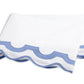 The Mirasol Bedding Collection by Matouk features a folded white sheet adorned with a light blue scalloped border, expertly crafted in Italy from luxurious 600 thread count Egyptian cotton percale, and showcased against a plain white background.