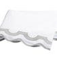 A crisp white sheet from the Matouk Mirasol Bedding Collection, featuring scalloped edges and light gray trim, beautifully crafted from luxurious Egyptian cotton percale and shown against a plain white background.