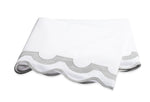 A crisp white sheet from the Matouk Mirasol Bedding Collection, featuring scalloped edges and light gray trim, beautifully crafted from luxurious Egyptian cotton percale and shown against a plain white background.