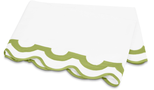 The Mirasol Bedding Collection, Grass by Matouk features crisp white bedding with a scalloped green border, crafted from luxurious Egyptian cotton percale for a refined look.