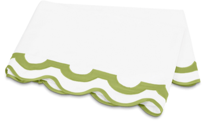 The Mirasol Bedding Collection, Grass by Matouk features crisp white bedding with a scalloped green border, crafted from luxurious Egyptian cotton percale for a refined look.