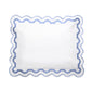 The Mirasol Bedding Collection by Matouk features a white rectangular pillow with a scalloped blue border, expertly crafted in Italy from luxurious 600 thread count Egyptian cotton percale, shown on a plain white background.