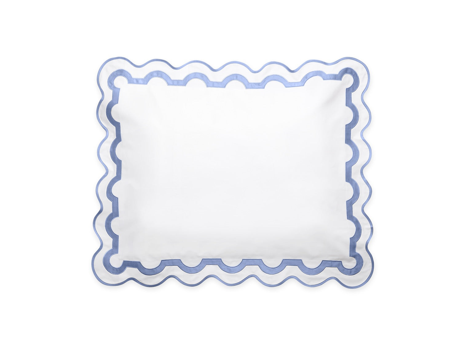 The Mirasol Bedding Collection by Matouk features a white rectangular pillow with a scalloped blue border, expertly crafted in Italy from luxurious 600 thread count Egyptian cotton percale, shown on a plain white background.
