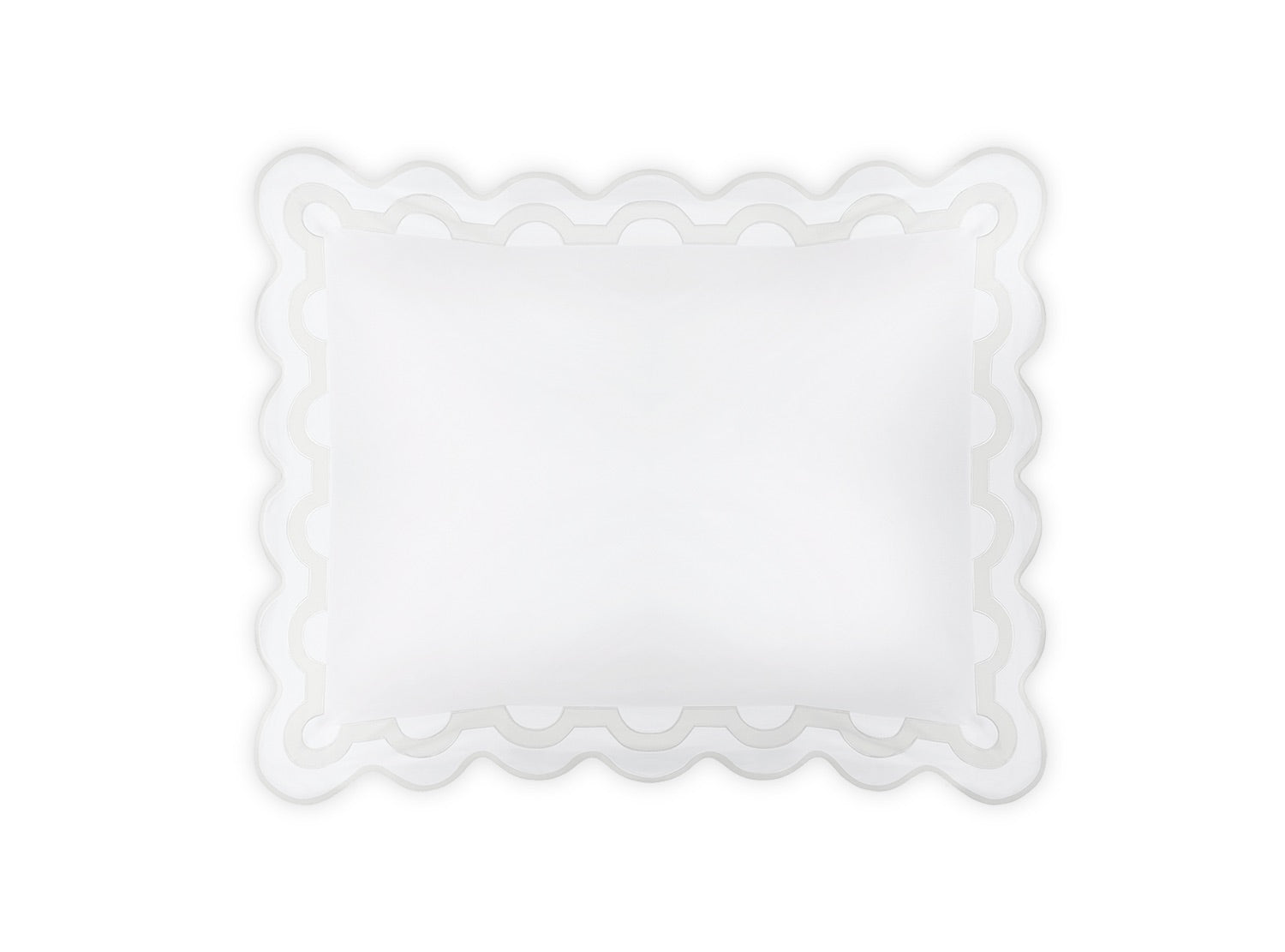 Rectangular white pillow from the Matouk Mirasol Bedding Collection, featuring a scalloped border and crafted from luxurious 600 thread count Egyptian cotton percale, viewed from above on a plain white background. Made in Italy.