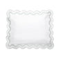 The Matouk Mirasol Bedding Collection pillowcase, made in Italy from luxurious 600 thread count Egyptian cotton percale, features a white rectangular design with a scalloped border and light gray trim, shown on a white background.