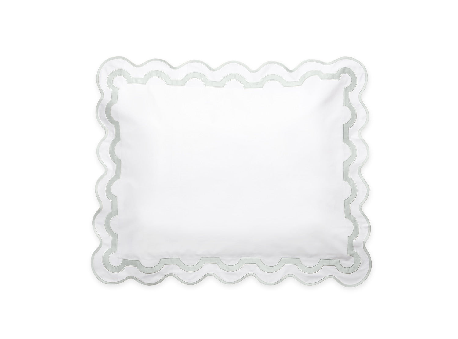 The Matouk Mirasol Bedding Collection pillowcase, made in Italy from luxurious 600 thread count Egyptian cotton percale, features a white rectangular design with a scalloped border and light gray trim, shown on a white background.
