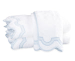Two folded white towels with scalloped edges and light blue trim, crafted from premium Cairo cotton terry, are stacked neatly—an elegant addition to the Matouk Mirasol Bath Collection.