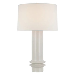 The Montaigne Medium Table Lamp in New White by Visual Comfort features a white ceramic, cylindrical base and a wide round lampshade, inspired by artisanal pottery.