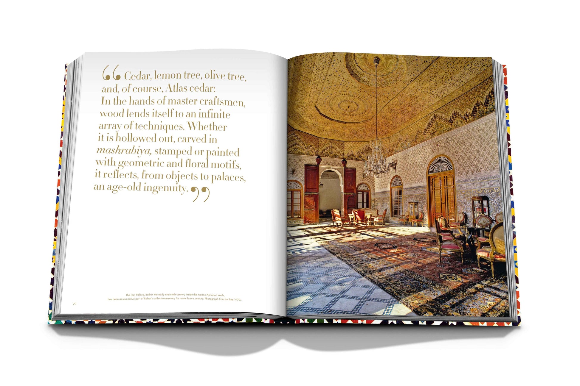 Open book featuring a printed image of an ornate interior space exemplifying Assouline's Moroccan Decorative Arts with descriptive text on the left page.