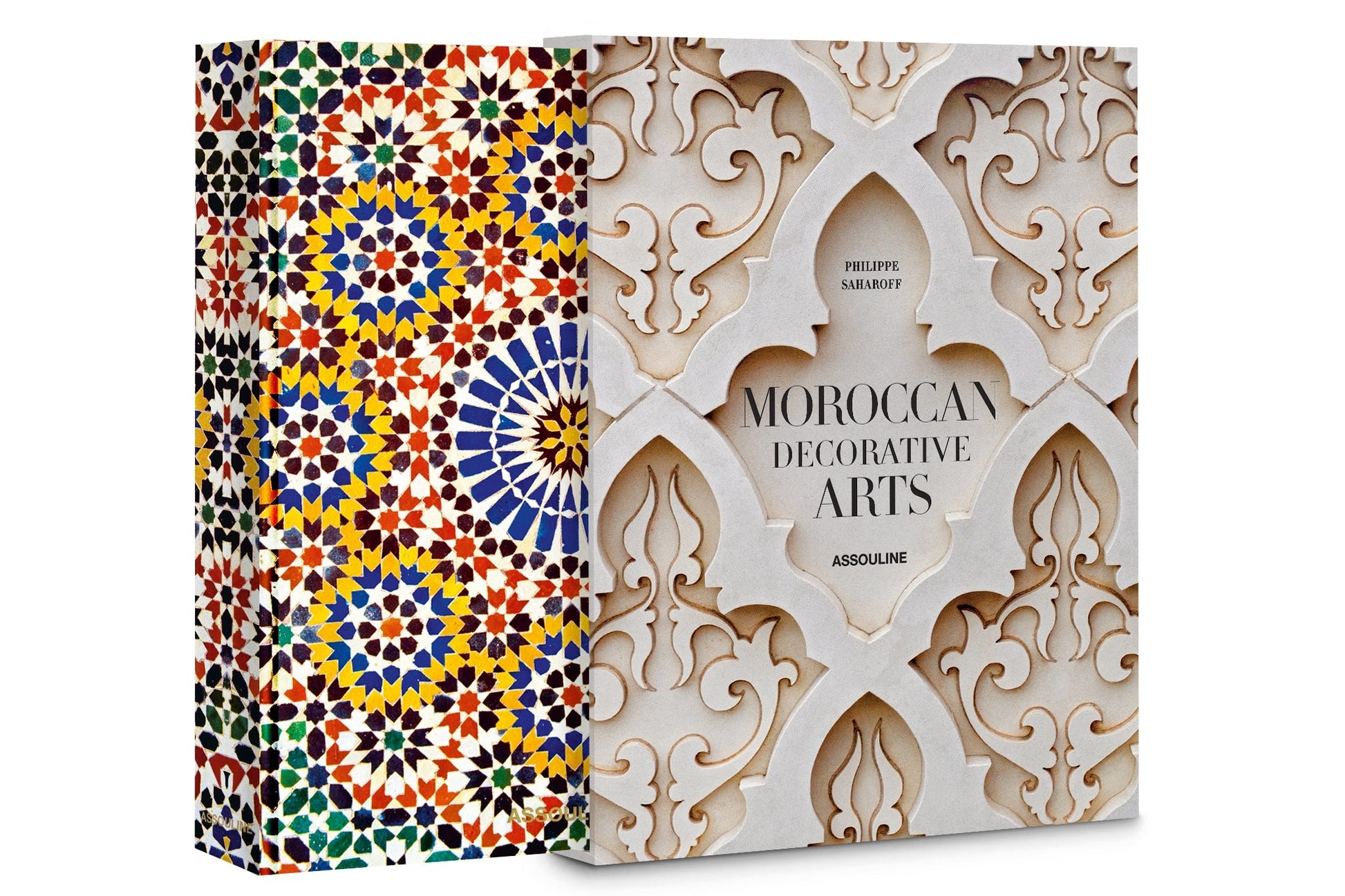 A book titled "Moroccan Decorative Arts" by Philippe Saharoff with a colorful mosaic cover design showcasing exquisite craftsmanship from Assouline.