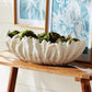 A Winslow Bowl Collection piece by Napa Home & Garden, featuring a white leaf pattern and filled with green moss, creates a charming centerpiece on a wooden table in front of two framed botanical prints.