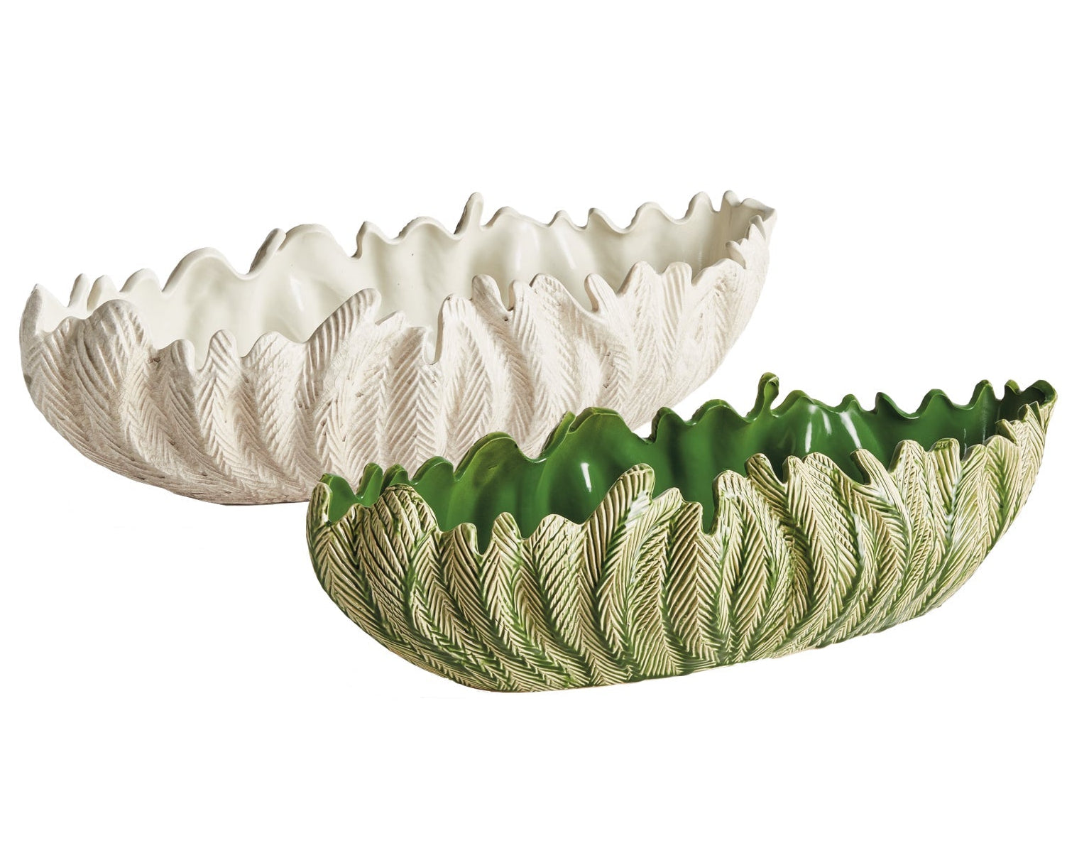 The Winslow Bowl Collection by Napa Home & Garden features two handcrafted stoneware bowls—white with cream interior and green with glossy interior—each with textured leaf patterns, perfect as a unique centerpiece.