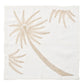 The Kim Seybert Palm Coast Napkin Set features white napkins embroidered with palm fronds and palm trees in light brown, perfect for a coastal dining table.