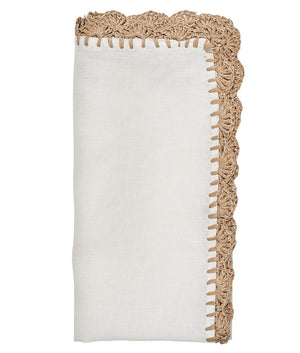 The Kim Seybert Shell Edge Napkin Set features white linen napkins with beige crocheted lace trim and a stitched border, ideal for bohemian table settings and photographed folded on a plain background.