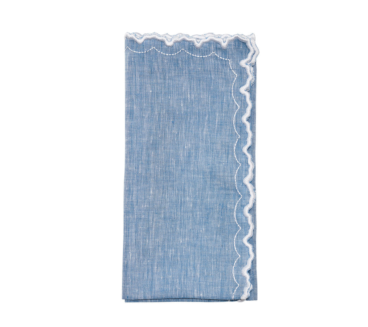The Arches Napkin Set by Kim Seybert features four folded blue linen napkins with white lace trim along one edge, displayed against a white background.