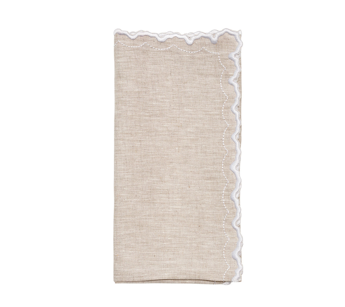 The Arches Napkin Set by Kim Seybert features beige linen napkins with scalloped white embroidered edges, neatly folded on a white background—ideal for formal dining settings.