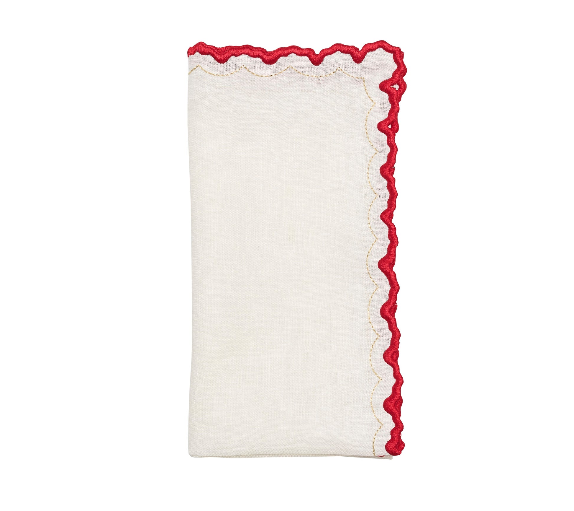 The Arches Napkin Set by Kim Seybert features folded white linen napkins with a red ruffled trim, perfect for formal dining, displayed on a plain white background.
