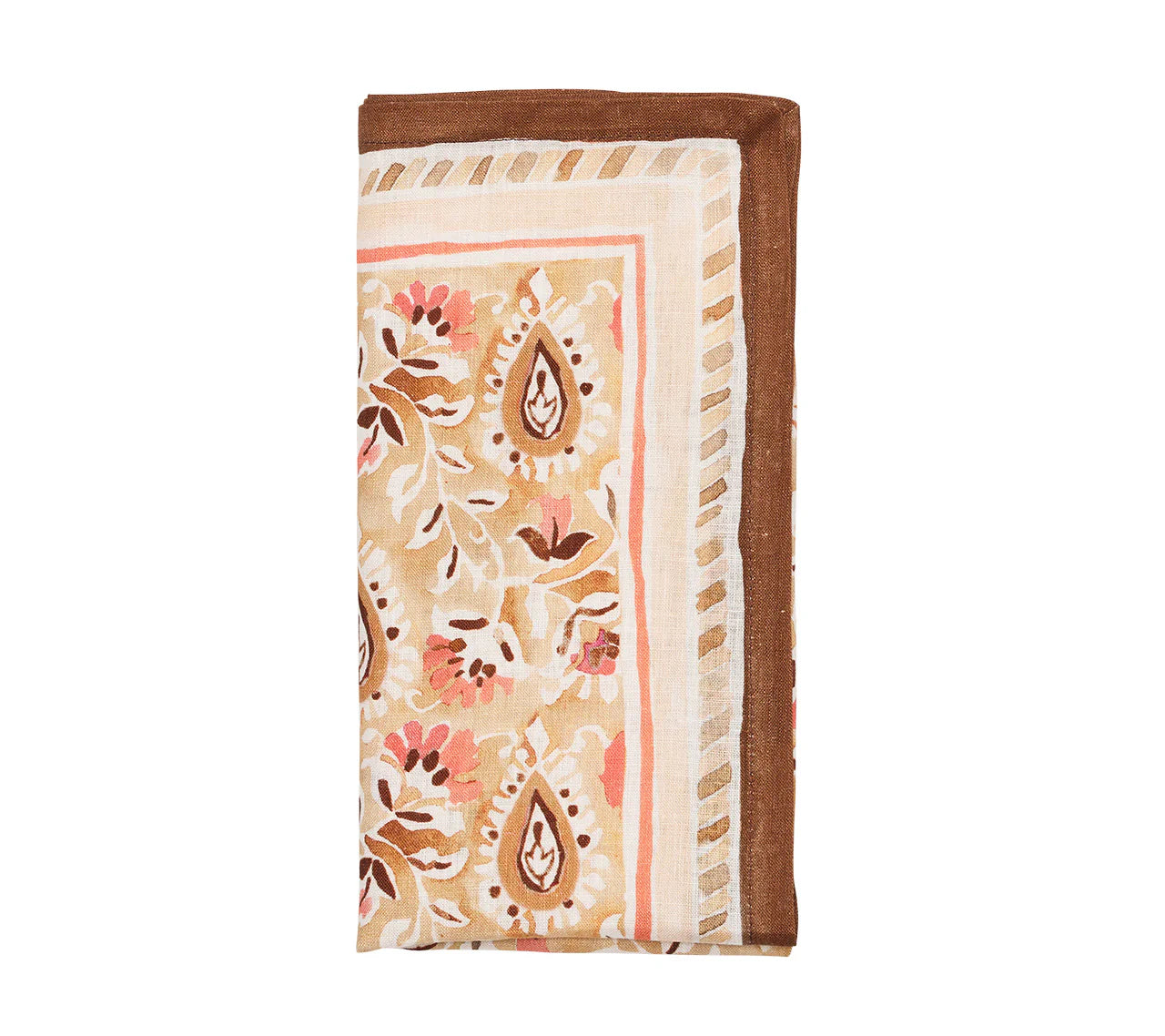 The Mira Napkin Set by Kim Seybert features folded rectangular linen napkins with a brown border and a hand-painted floral paisley design in beige, brown, and pink.