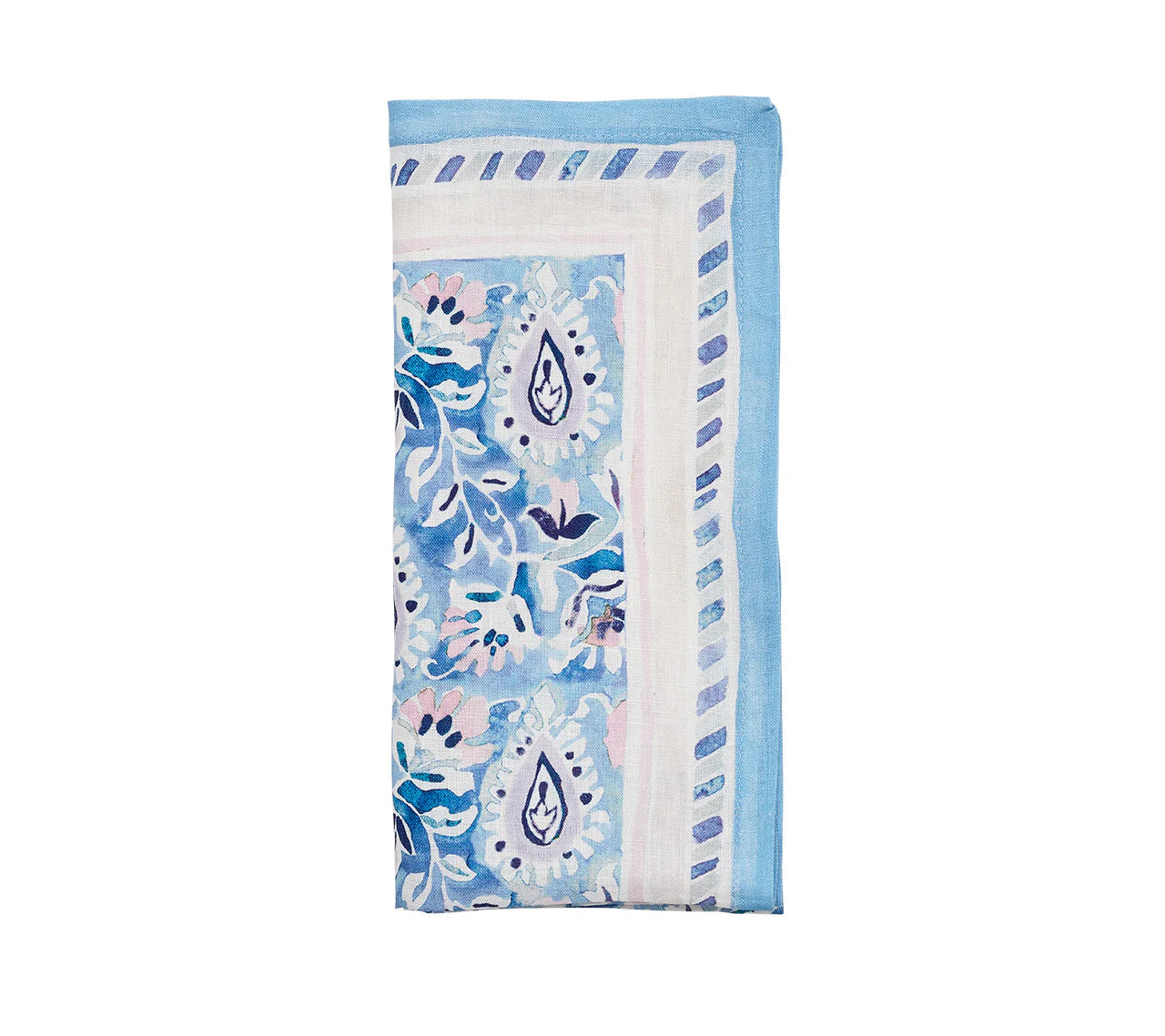 The Mira Napkin Set by Kim Seybert features folded light blue and white linen napkins with a hand-painted paisley pattern, delicate leaf accents, and a striped border.