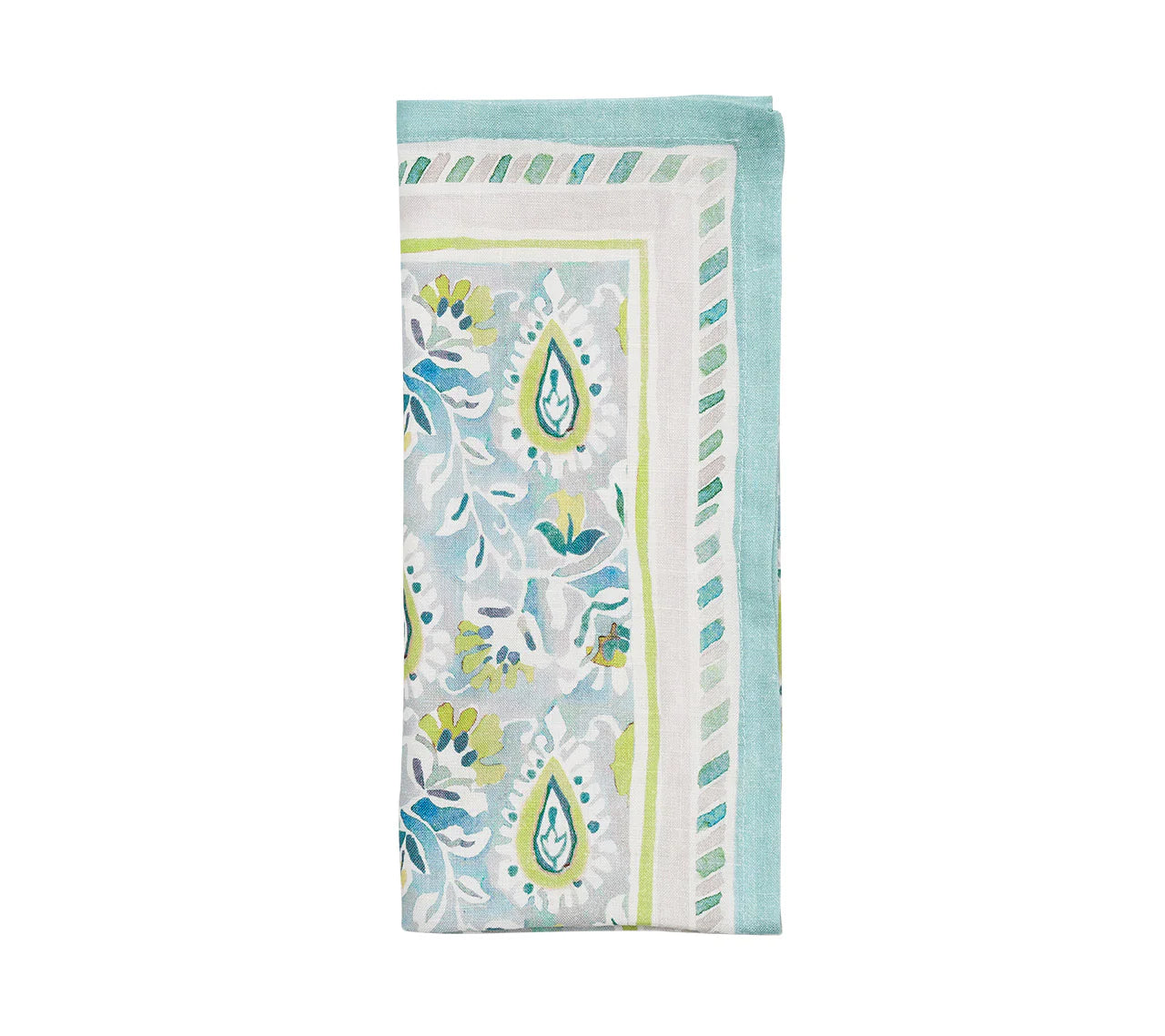 The Mira Napkin Set by Kim Seybert features folded rectangular linen napkins with a hand-painted blue, green, and white floral and paisley pattern accented with a striped border.