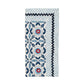 The Kim Seybert Majorelle Napkin Set features blue and white stripes, floral patterns with red and dark blue accents, wavy trim borders, and is expertly handcrafted using Indian block printing techniques.