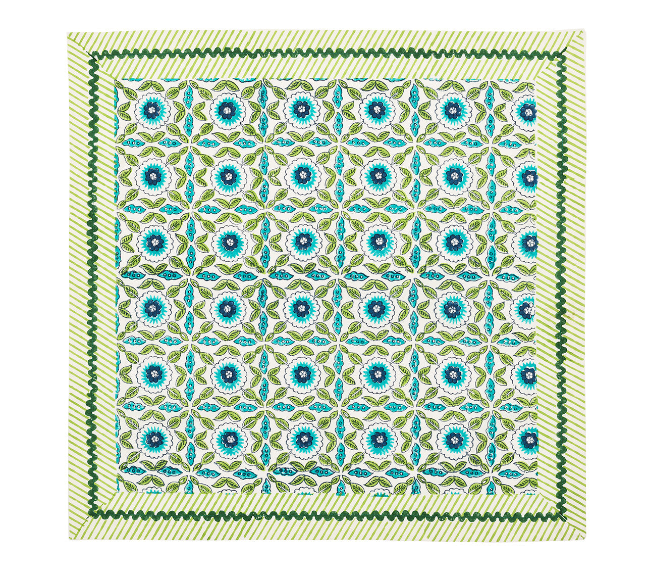 The Majorelle Napkin Set by Kim Seybert features a floral and geometric pattern in blue, green, and yellow, accented with diagonal yellow stripes and a green zigzag border, inspired by handcrafted napkins and Indian block printing.