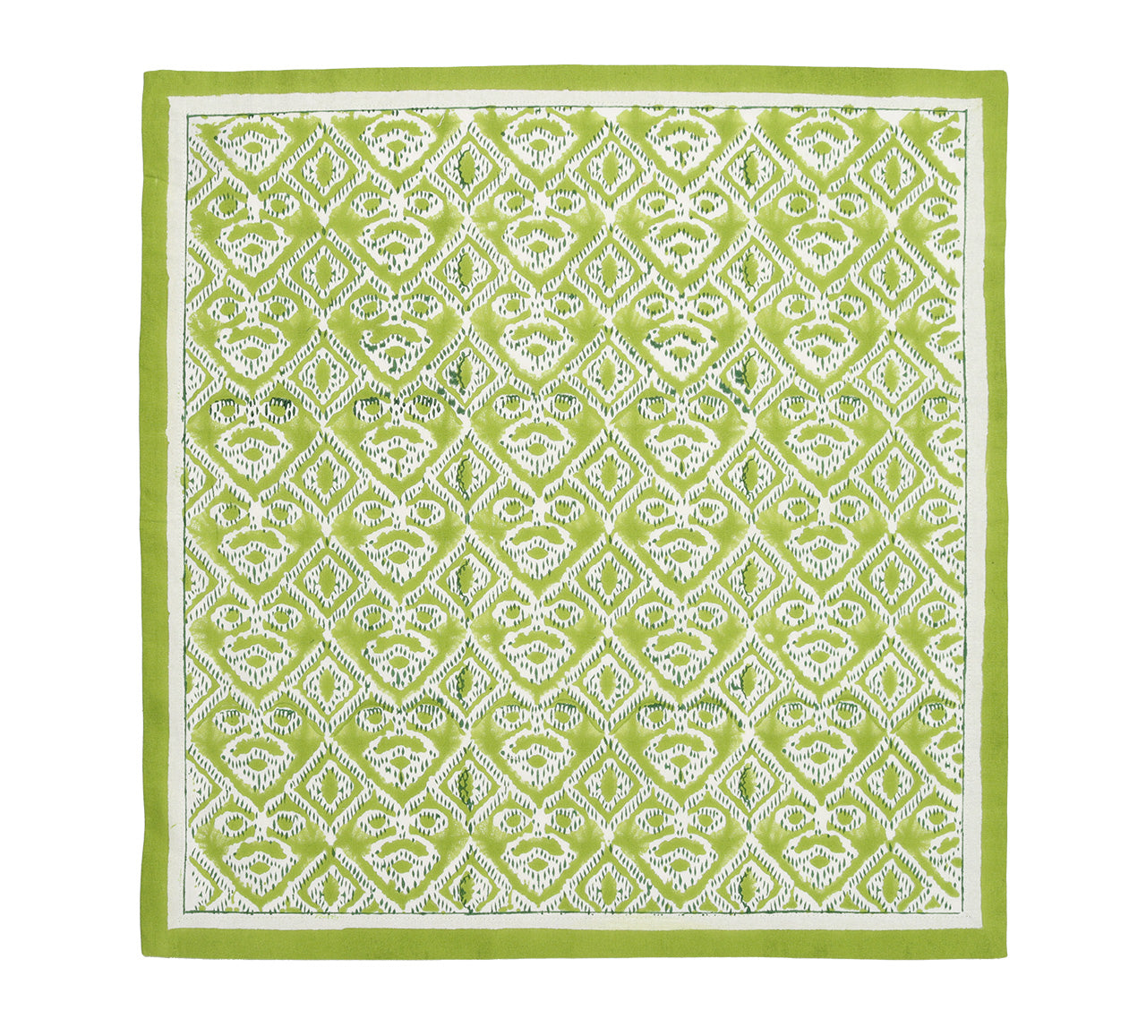The Kim Seybert Alfresco Napkin Set features green and white rectangular napkins with a repeating diamond pattern, stylized woven designs, block printing details, and a solid green border.
