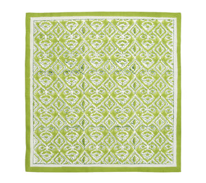 The Kim Seybert Alfresco Napkin Set features green and white rectangular napkins with a repeating diamond pattern, stylized woven designs, block printing details, and a solid green border.