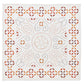 The Malta Napkin Set by Kim Seybert features square white napkins with symmetrical, hand-stitched geometric and floral patterns in orange, brown, and yellow, celebrating traditional cutwork techniques.