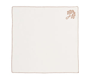 The Kim Seybert Royal Palm Napkin Set features hand-embroidered edges and a small brown tropical leaf in one corner, adding an elegant touch to your table setting.