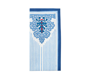 The Kim Seybert Filigree Napkin Set features rectangular blue and white napkins with floral and geometric patterns, vertical stripes, and dark blue borders—ideal for enhancing any table setting.