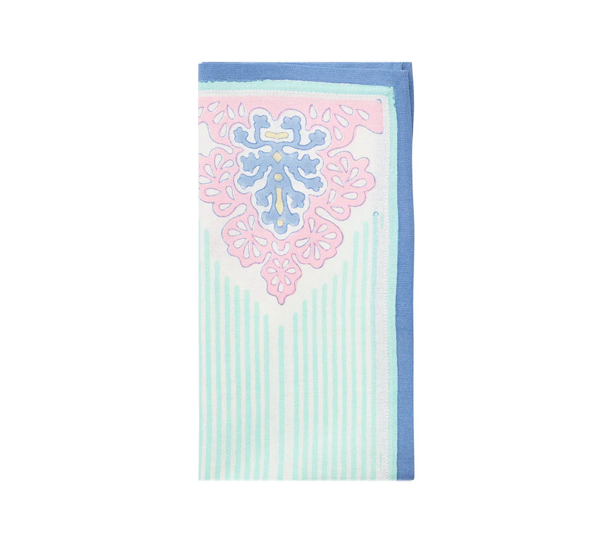 The Kim Seybert Filigree Napkin Set features folded napkins with pastel floral and stripe patterns in blue, pink, and mint green, bringing artisanal craftsmanship to any table setting.
